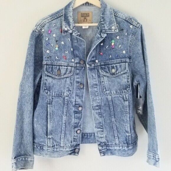 Bedazzled Vintage GAP blue denim jean jacket sparkles 80s 90s Size Small - Picture 1 of 5
